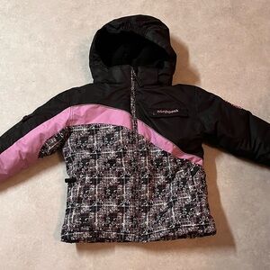 Kids' Black and mauve Winter Jacket. North peak. 6x to 7. Fitted hood.
